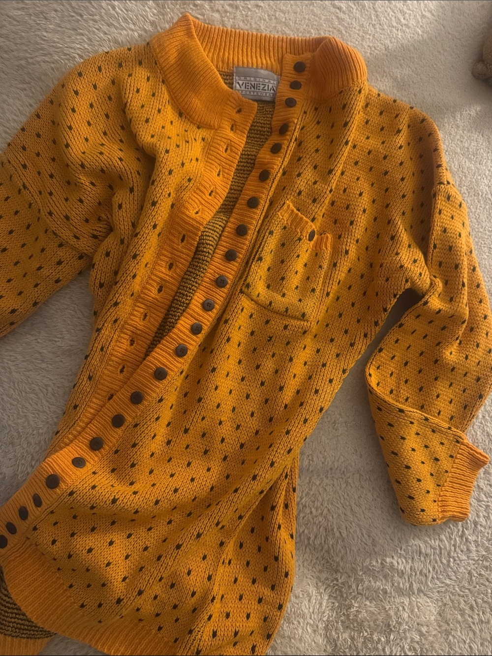 Original Venezia Sportswear Mustard Yellow Knit Cardigan Black Dot Button